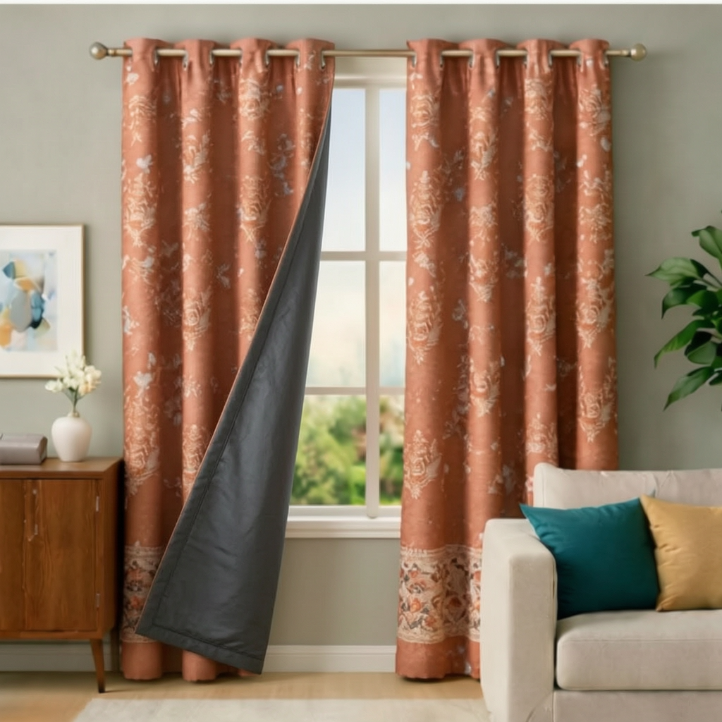 Cotton - Bedroom - Livingroom Darkening Patterned Orange Curtains - Pack of 1 Curtain