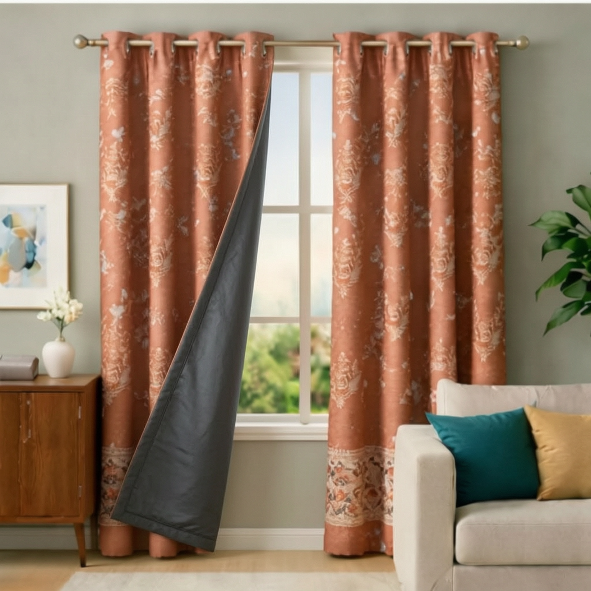 Cotton - Bedroom - Livingroom Darkening Patterned Orange Curtains - Pack of 1 Curtain
