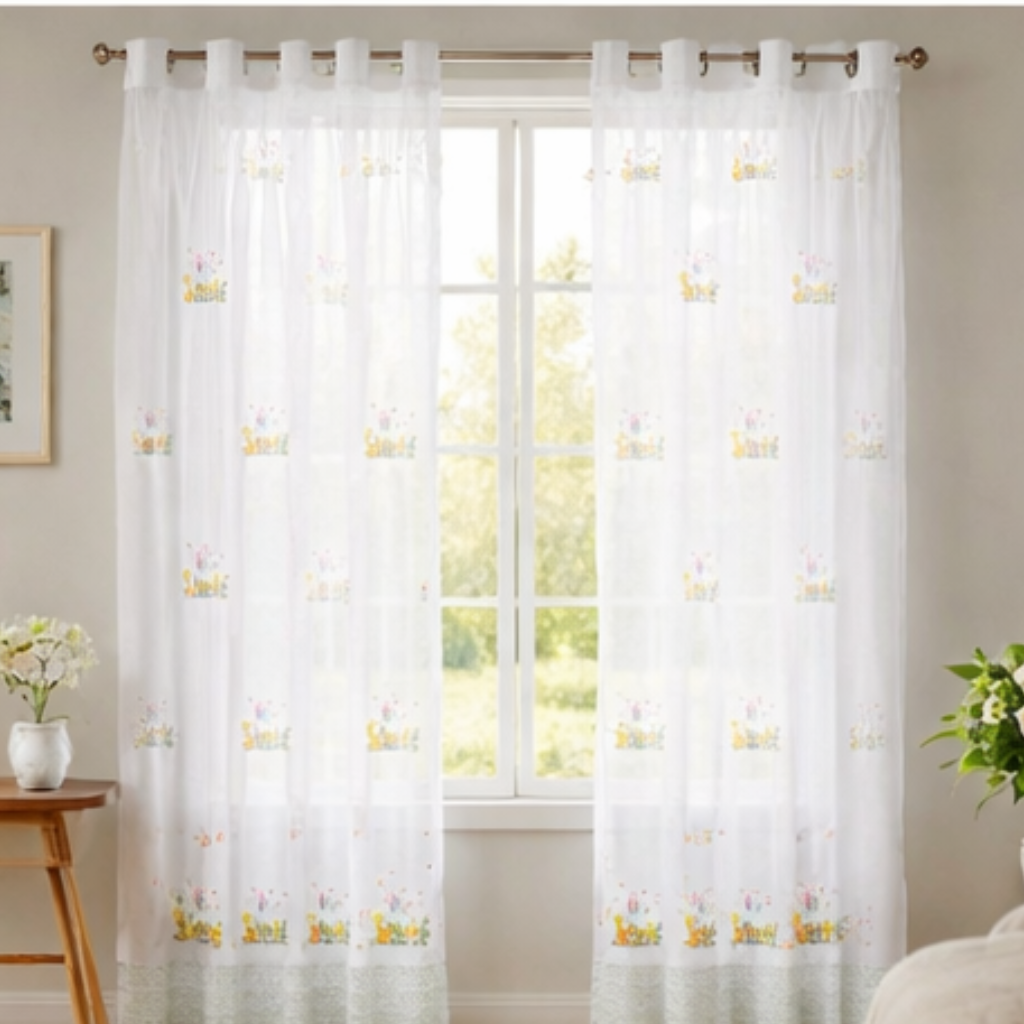 Linen Sheer - White Fabric with Floral Print - Pack Of 1 Curtain