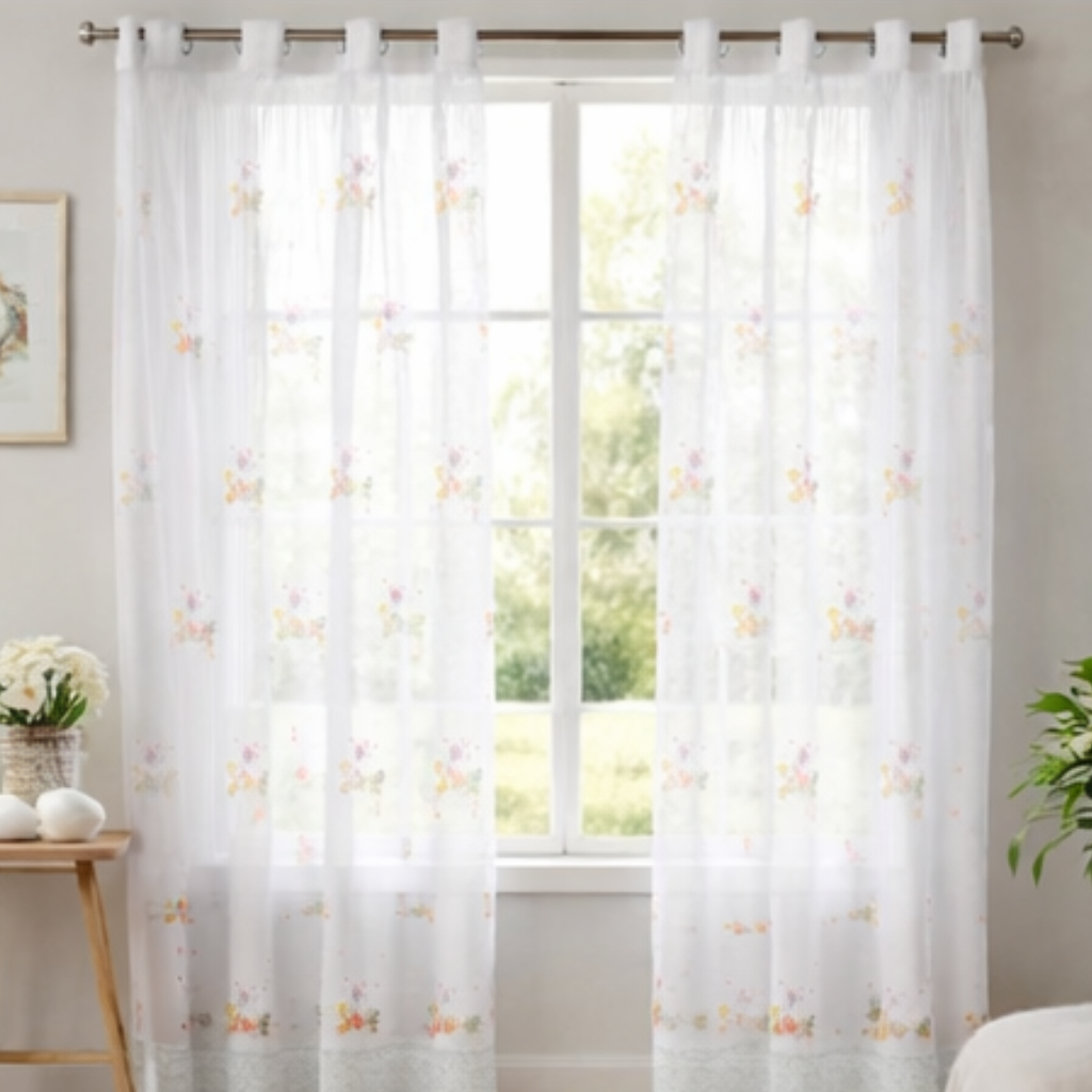 Linen Sheer - Orange Pink Flower Print with Bottom Lace - Pack Of 1 Curtain