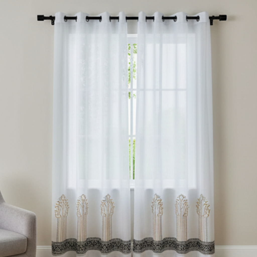Linen Sheer - Gold and Black Patterns Print - Pack Of 1 Curtain