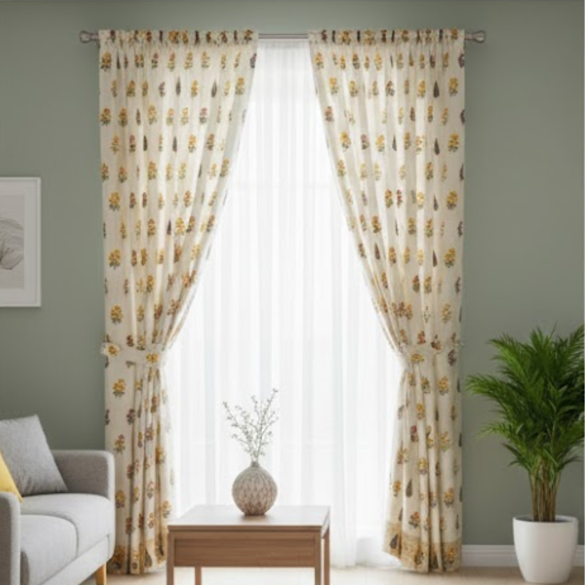 Cotton Light  - Room Darkening Floral Beige Curtains - Pack of 1 Curtain