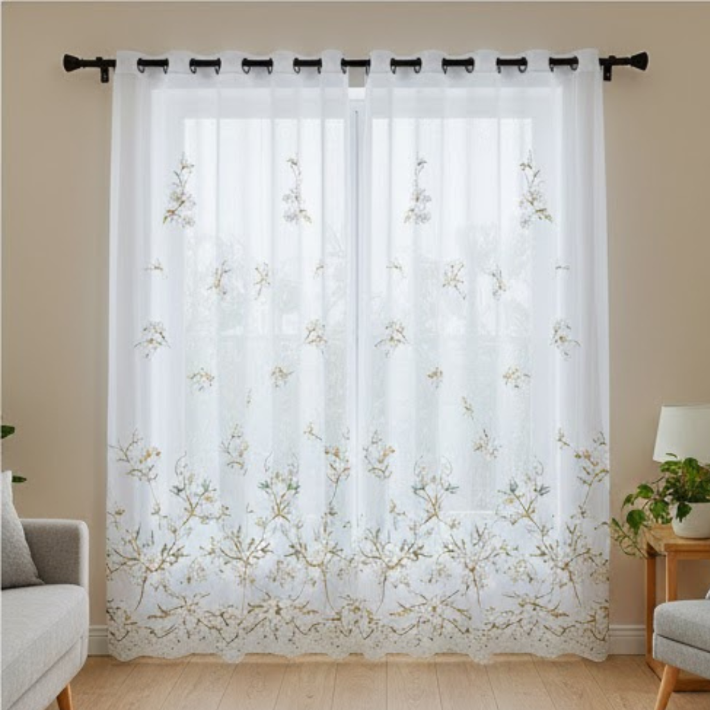 Linen Sheer - Gold and Green Floral Print - Pack Of 1 Curtain