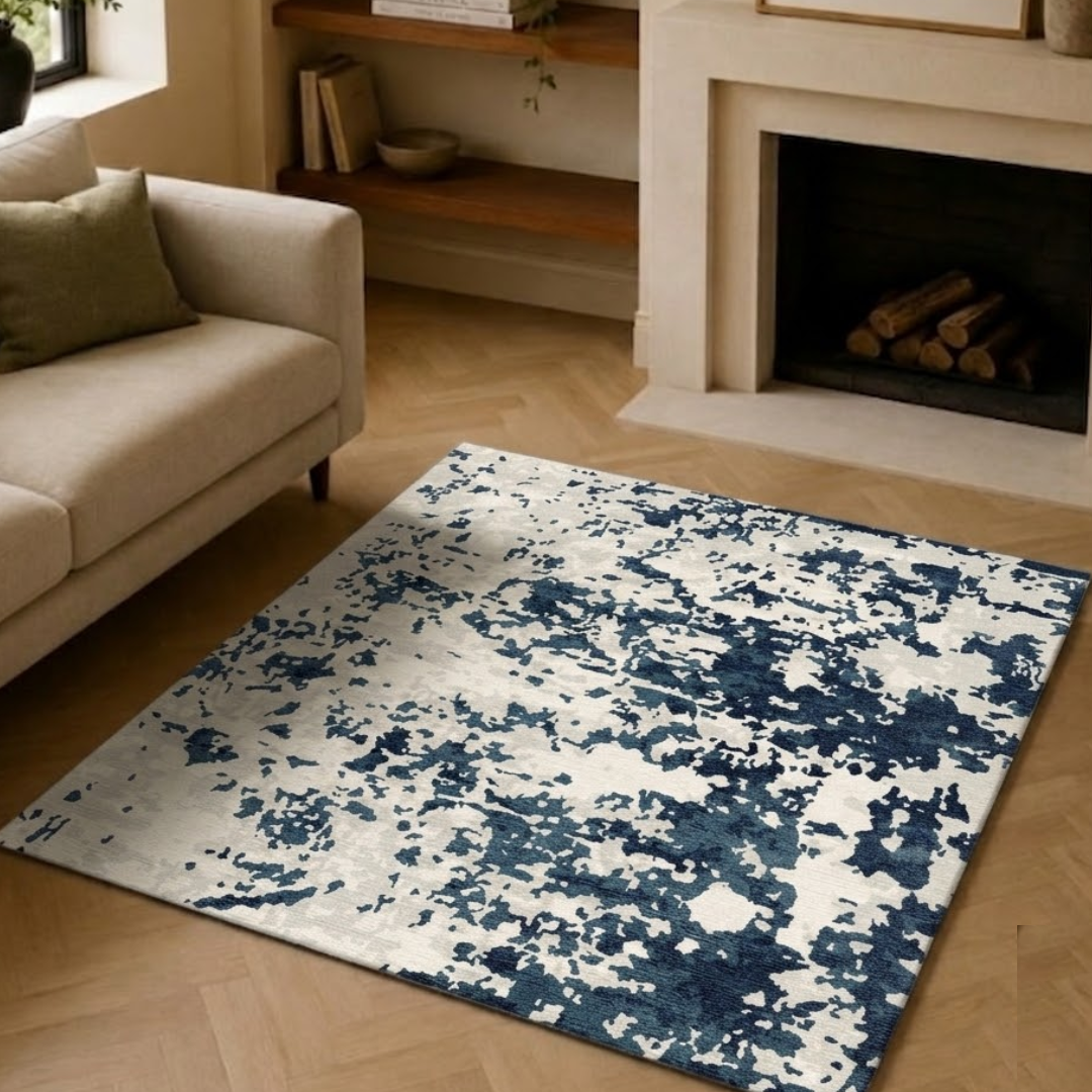 White & Blue Abstract rug design - Square - Premium Wool Carpet