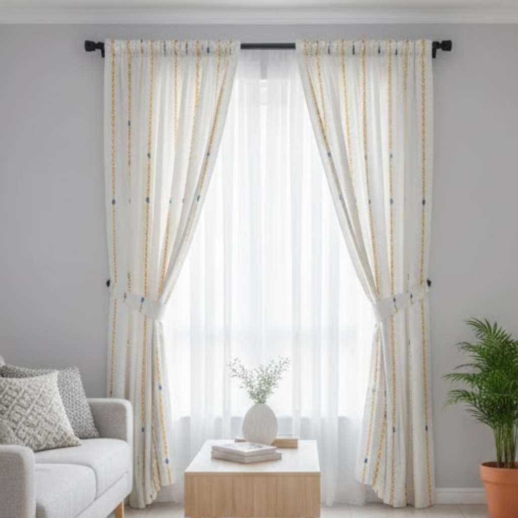 Cotton Light - Yellow Stripes Blue Kalash Print - Pack of 1 Curtain