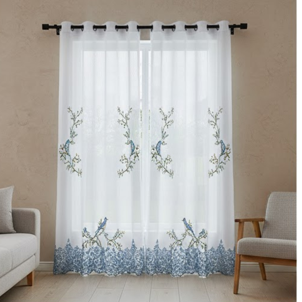 Linen Sheer - Blue birds and Floral patterns Print - Pack Of 1 Curtain
