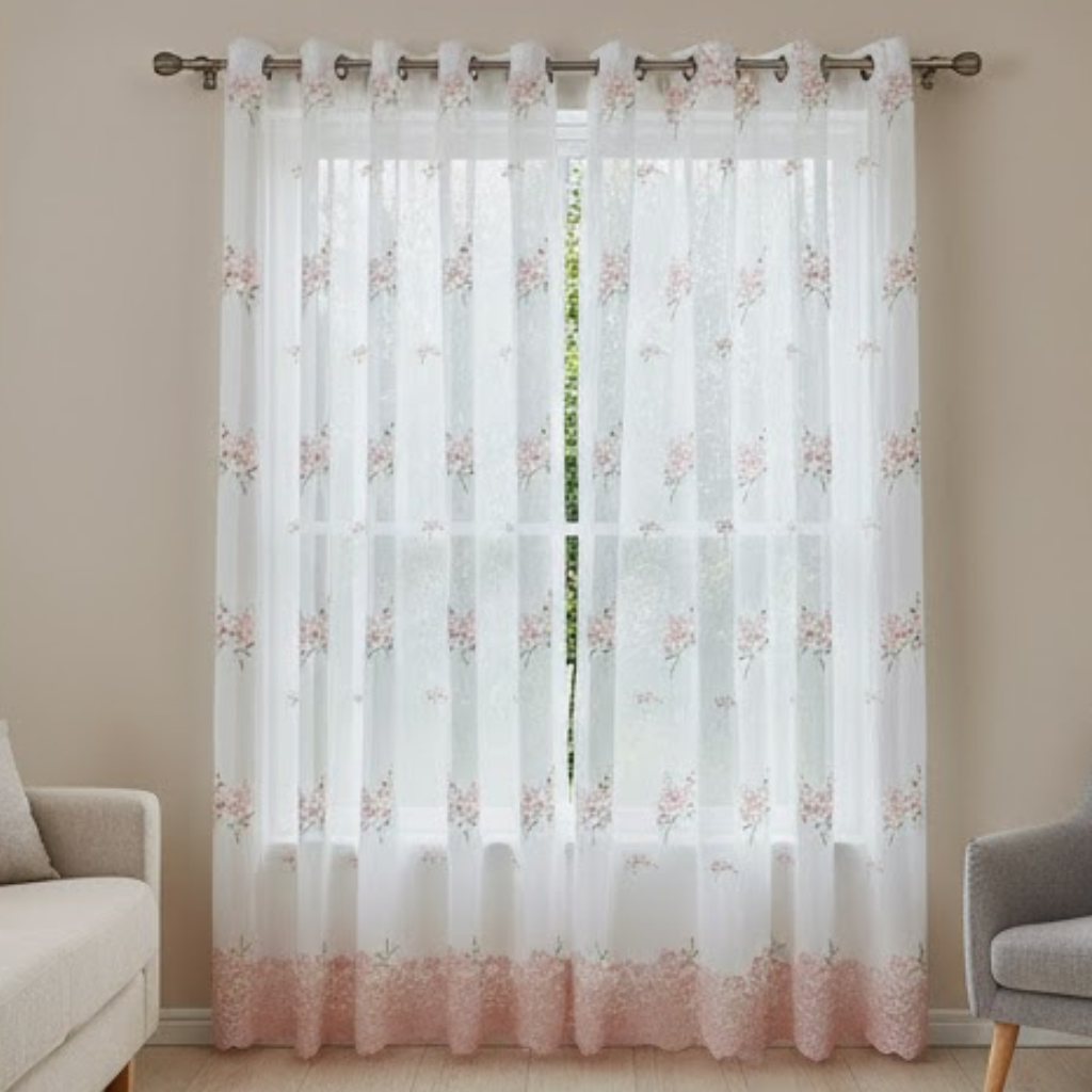 Linen Sheer - White Floral Print - Pack Of 1 Curtain