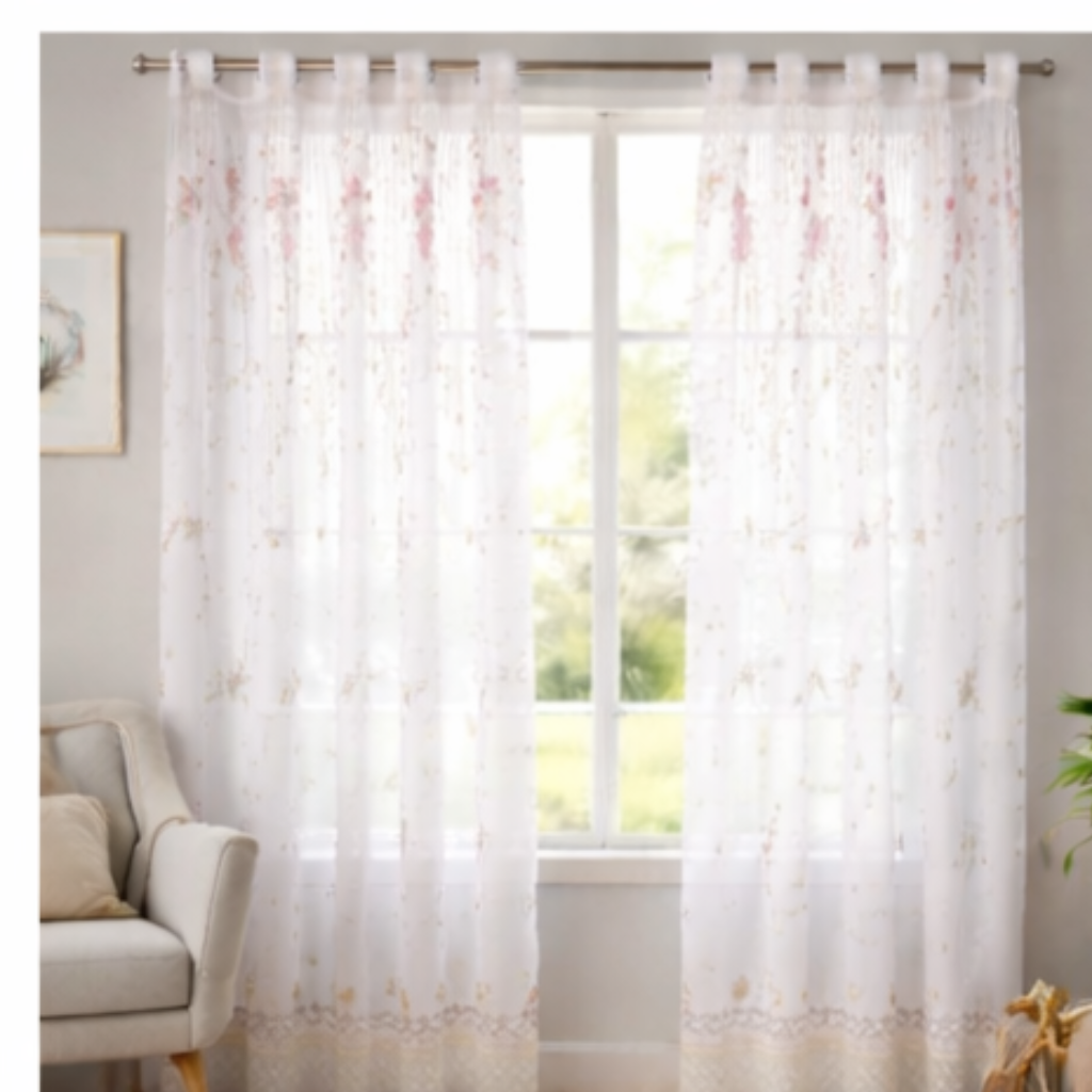Linen Sheer -  Floral curtains with lace trim Print - Pack Of 1 Curtain