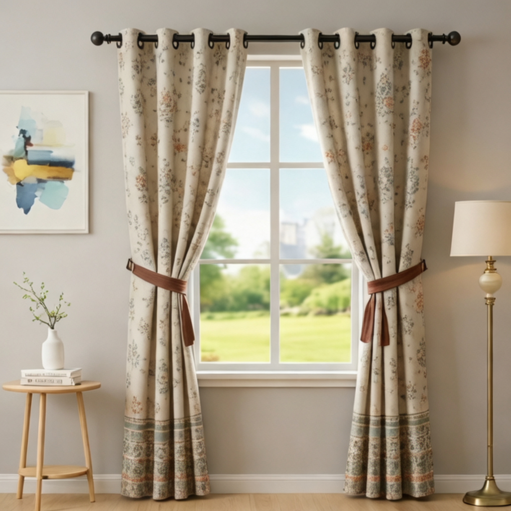 Cotton Heavy - Room Darkening Dusty Floral Bikaneri Print Curtains - Pack of 1