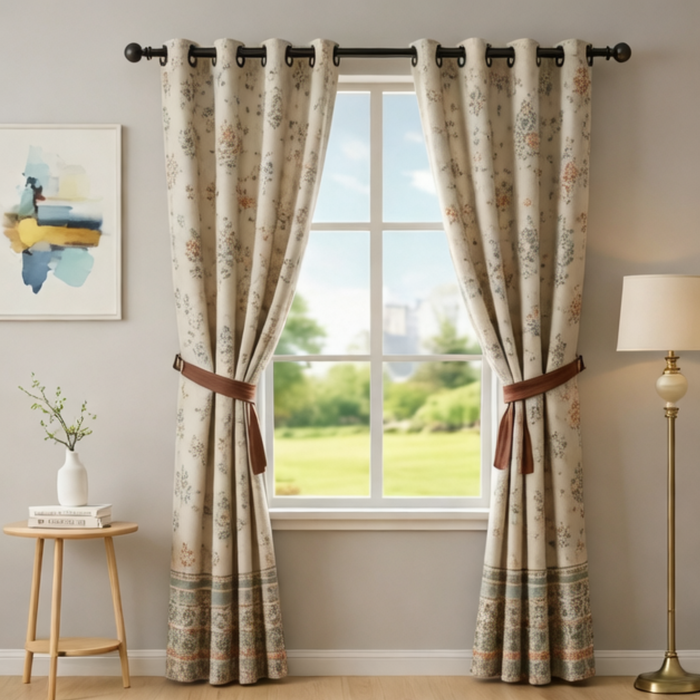 Cotton Heavy - Room Darkening Dusty Floral Bikaneri Print Curtains - Pack of 1