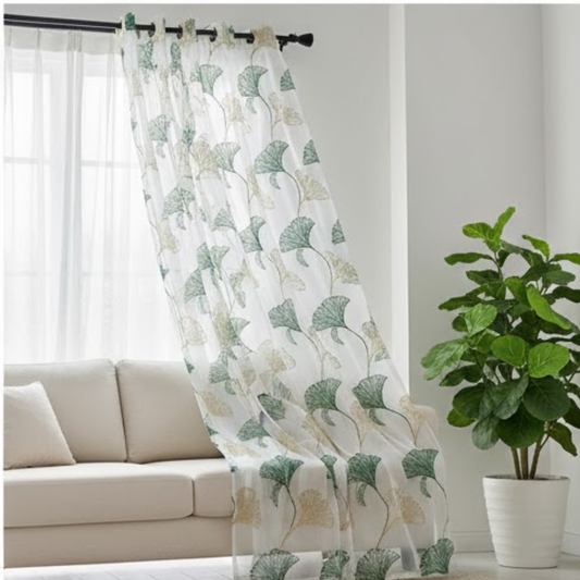 Linen Sheer - Green and beige Floral Print - Pack Of 1 Curtain