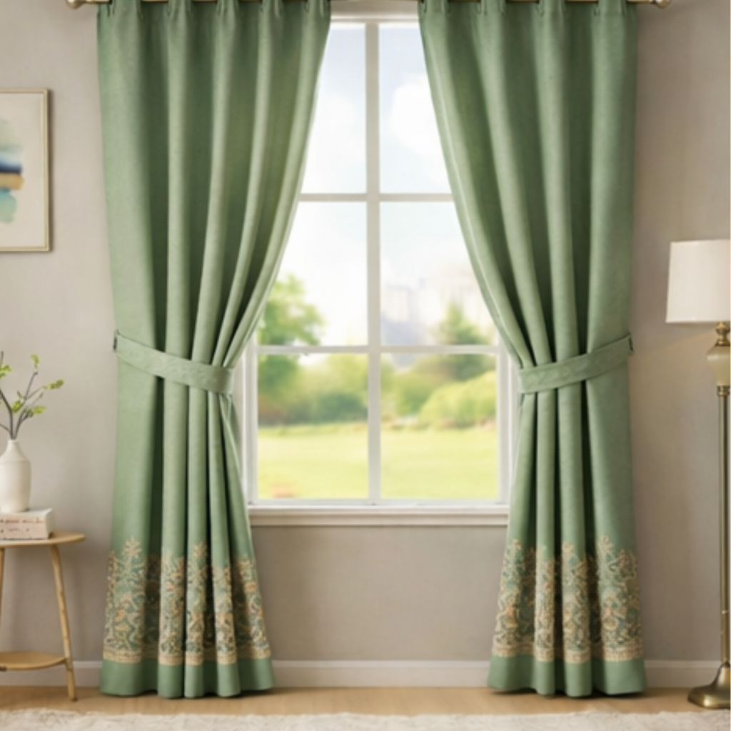 Cotton - Green with Bikaneri Ethnic Cream Print Curtain - Pack of 1 Curtain