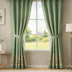 Cotton - Green with Bikaneri Ethnic Cream Print Curtain - Pack of 1 Curtain