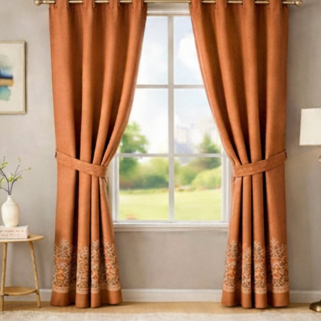 Cotton - Room Darkening Floral Orange Print Curtains - Pack of 1 Curtain