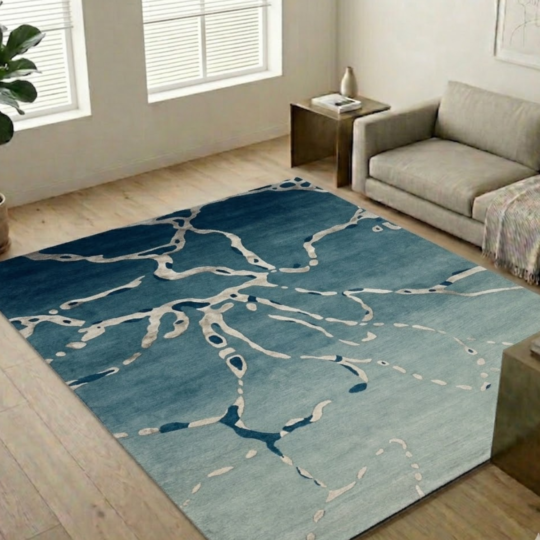 Stylish blue theme rug design  - Rectangle - Premium Wool Carpet