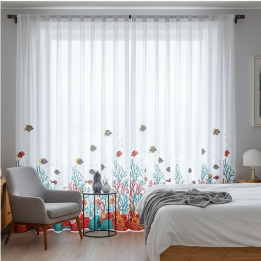 Linen Sheer - Fish & Aqua Print - Pack Of 1 Curtain