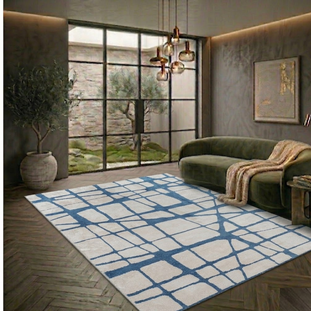 Premium white & Blue line design  - Rectangle - Premium Wool Carpet