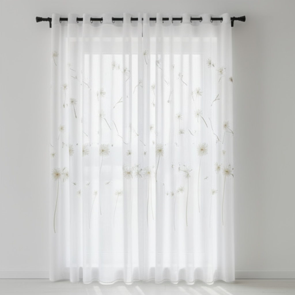 Linen Sheer - Yellow & Grey Dandelion Print - Pack Of 1 Curtain