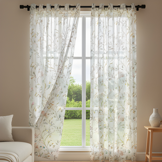 Linen Sheer - Floral patterned sheer curtains - Pack Of 1 Curtain