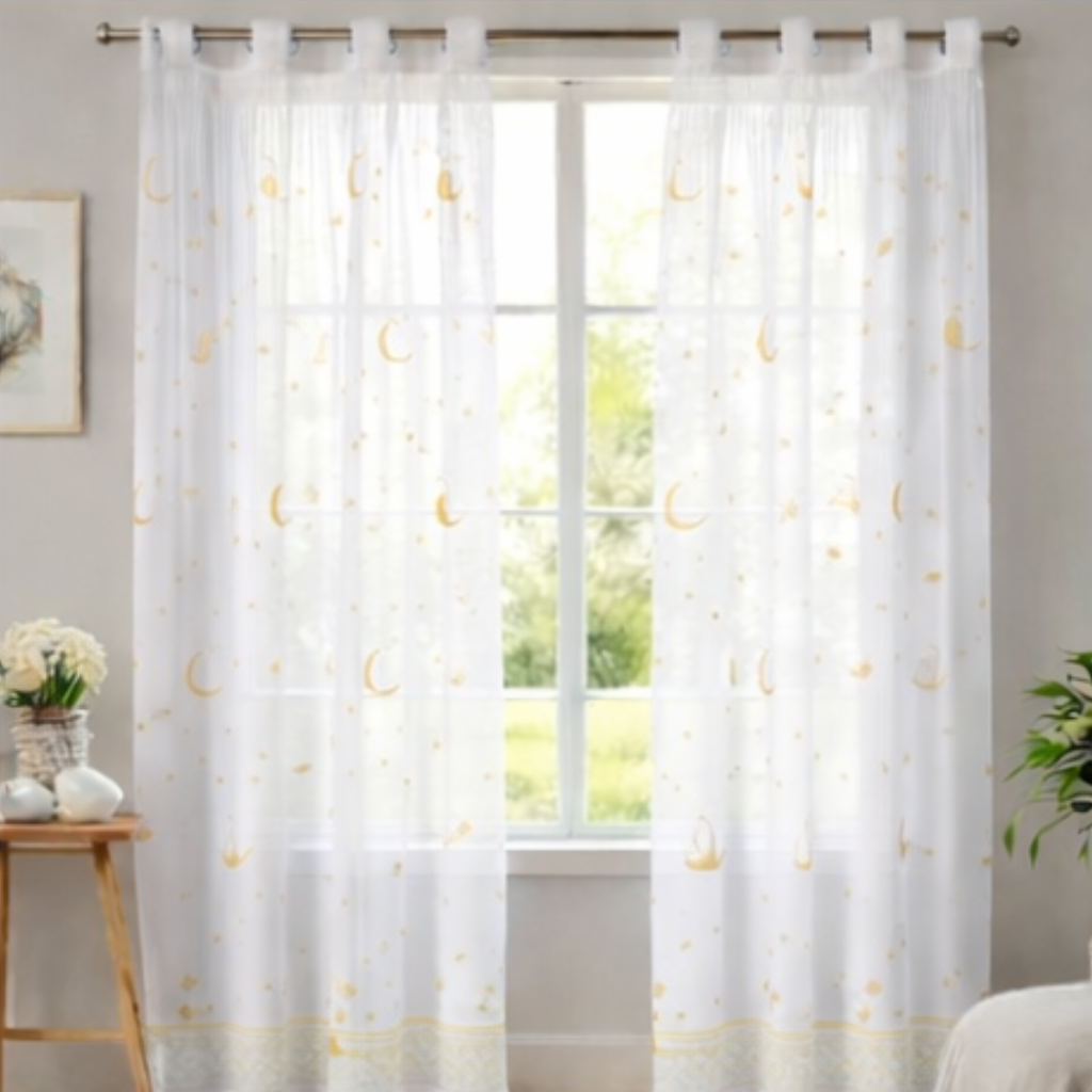 Linen Sheer - Yellow moon and star Patterns  Print - Pack Of 1 Curtain