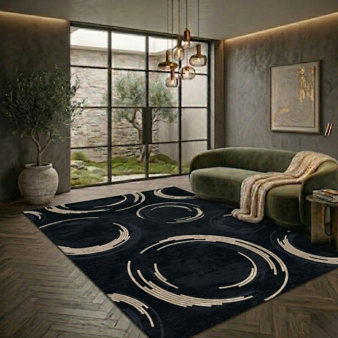 Black & Pink circle pattern rug design - Rectangle - Premium Wool Carpet