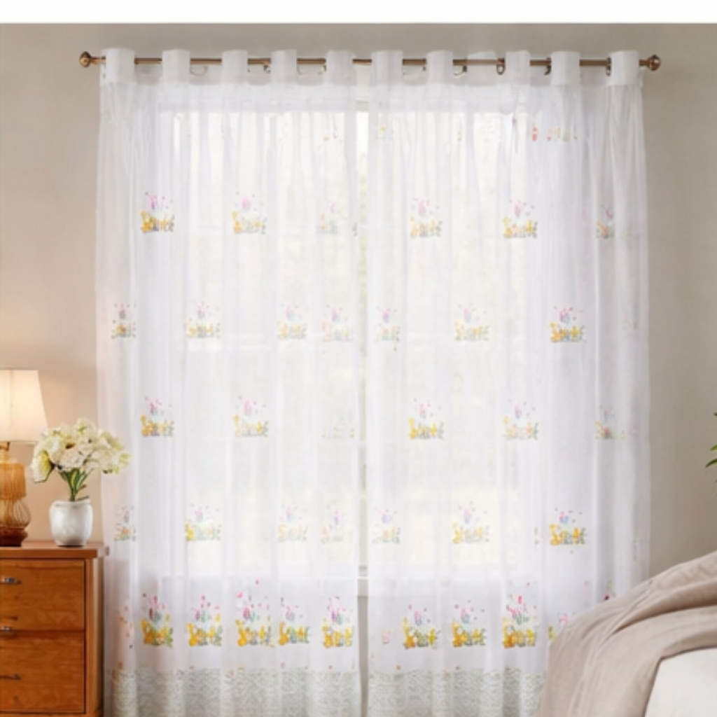 Linen Sheer - White Fabric with Floral Print - Pack Of 1 Curtain