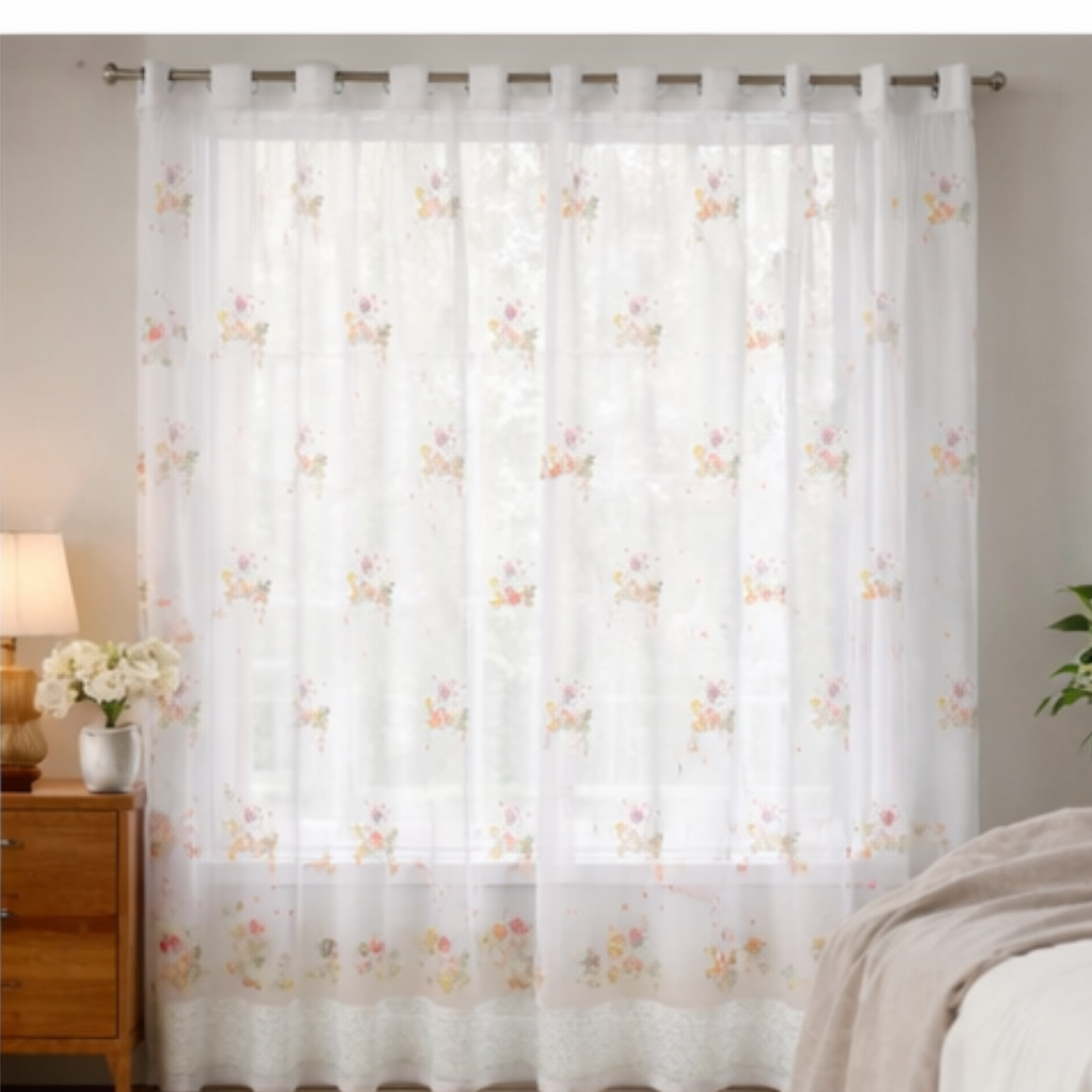 Linen Sheer - Orange Pink Flower Print with Bottom Lace - Pack Of 1 Curtain