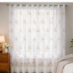 Linen Sheer - Orange Pink Flower Print with Bottom Lace - Pack Of 1 Curtain