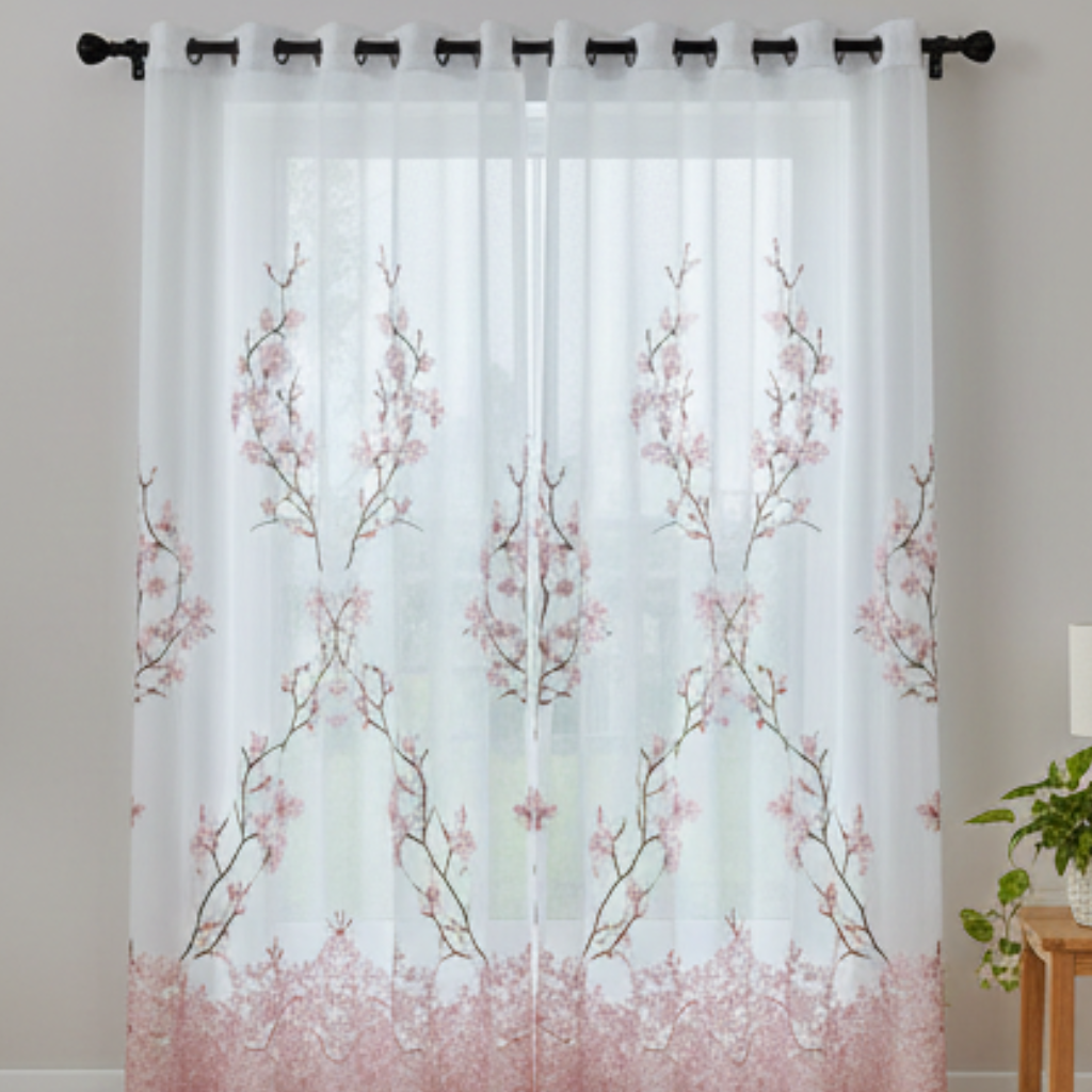 Linen Sheer - Ombre with Pink Creepers Print - Pack Of 1 Curtain