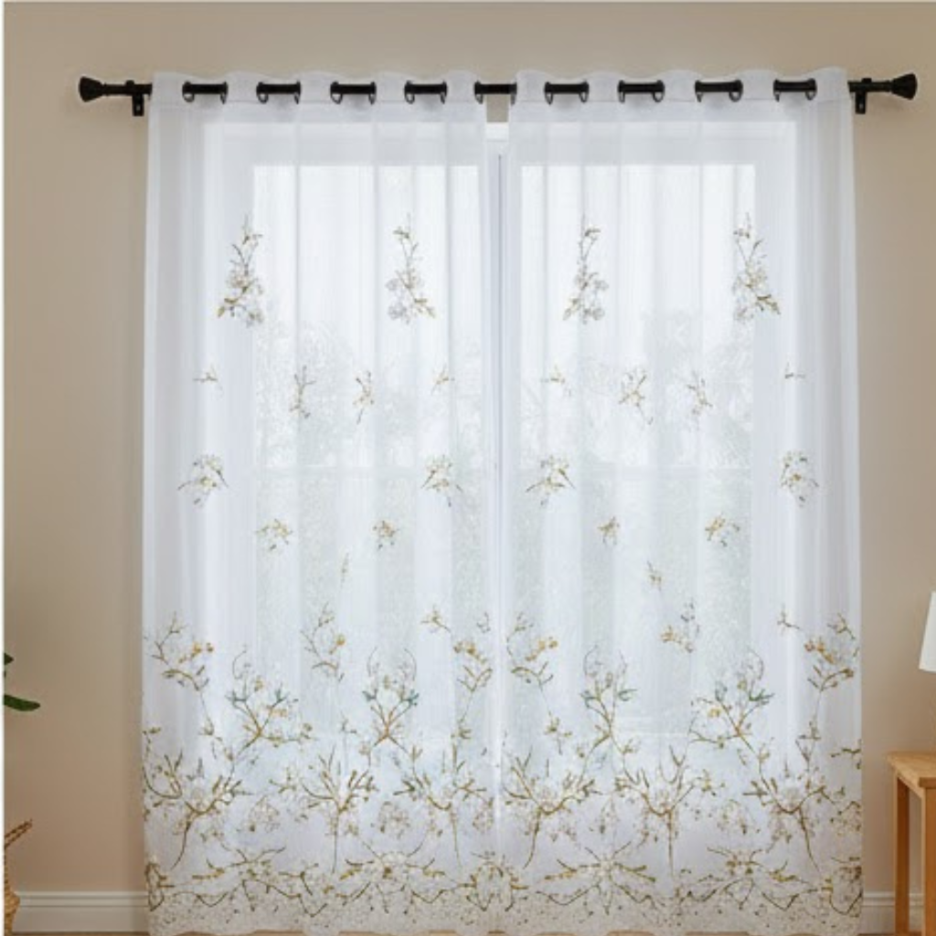 Linen Sheer - Gold and Green Floral Print - Pack Of 1 Curtain