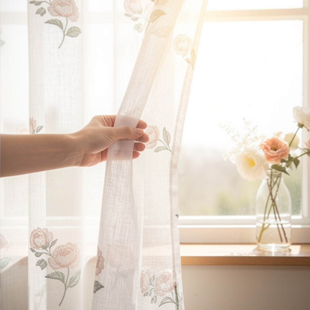 Linen Sheer - Pink Rose Print - Pack Of 1 Curtain