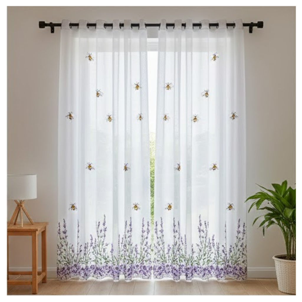 Linen Sheer - Bee Designs Lavendar Flower Print - Pack Of 1 Curtain