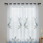 Linen Sheer - Blue birds and Floral patterns Print - Pack Of 1 Curtain