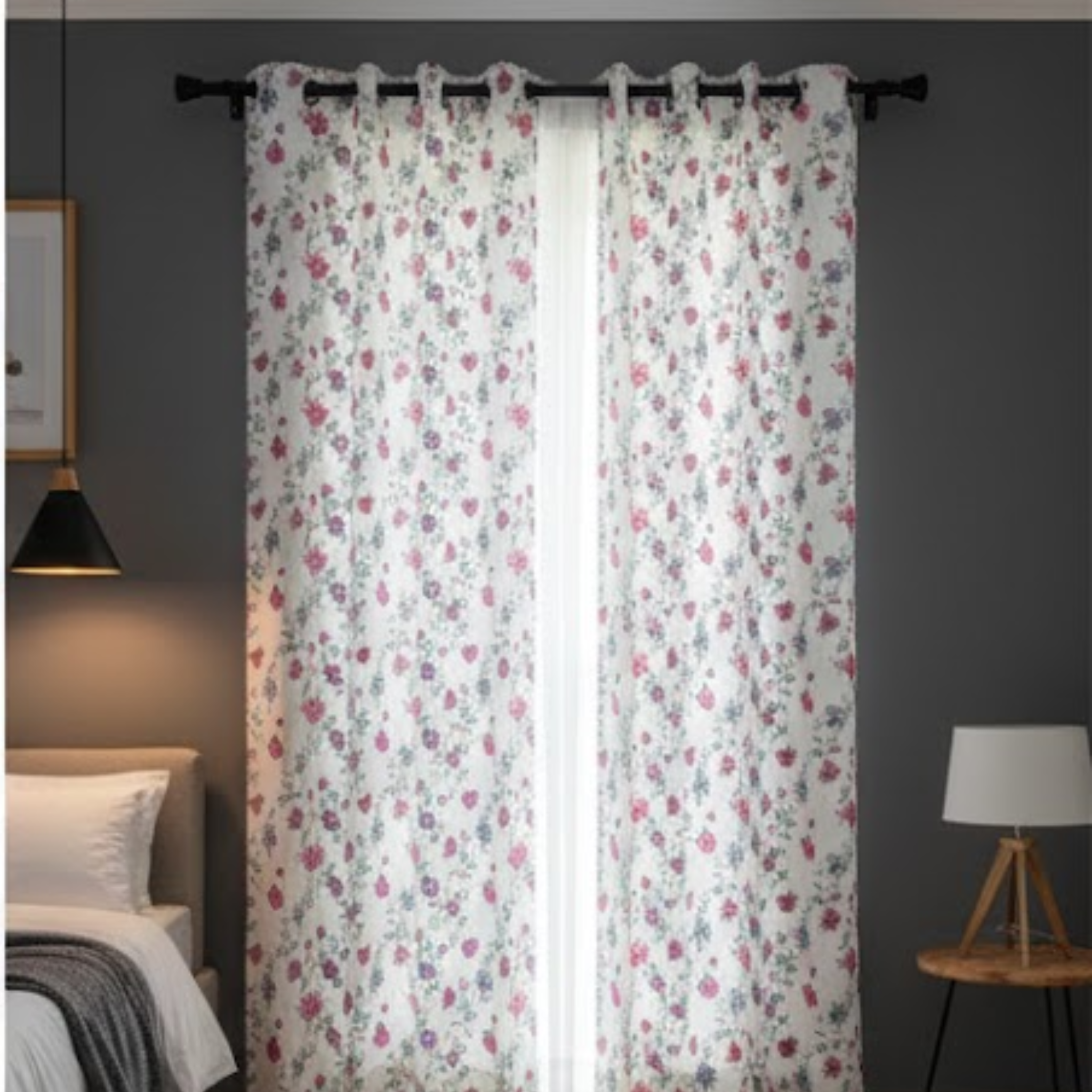 Cotton Light - Room Darkening Floral Printing White Curtains - Pack of 1 Curtain