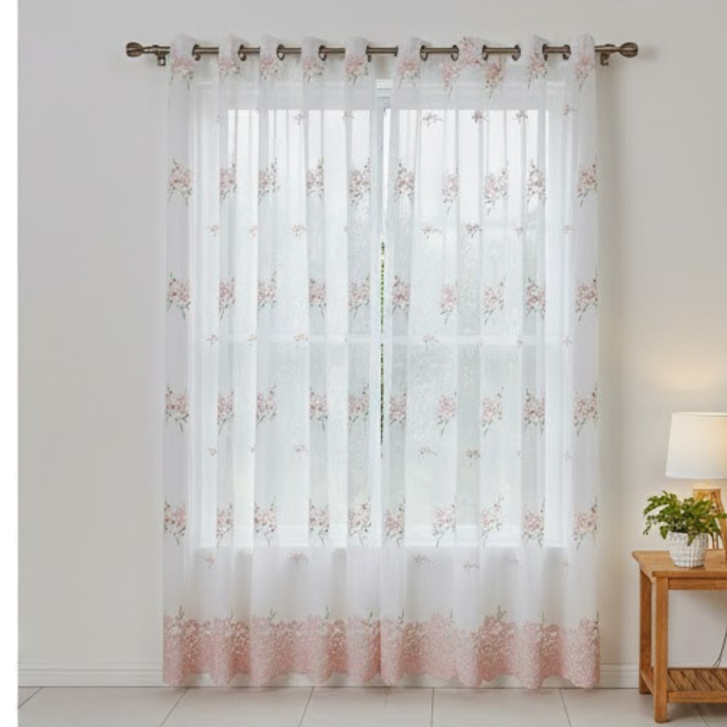 Linen Sheer - White Floral Print - Pack Of 1 Curtain