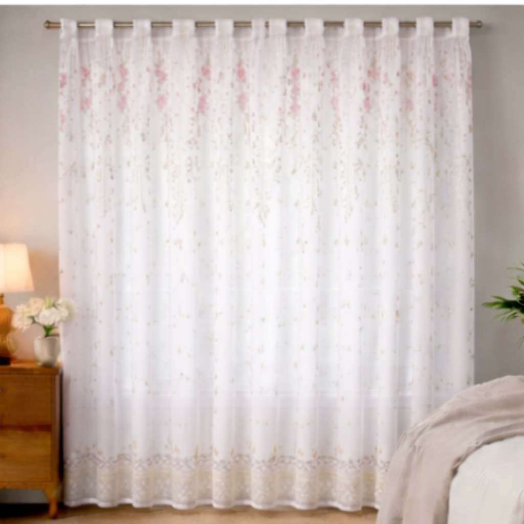 Linen Sheer -  Floral curtains with lace trim Print - Pack Of 1 Curtain