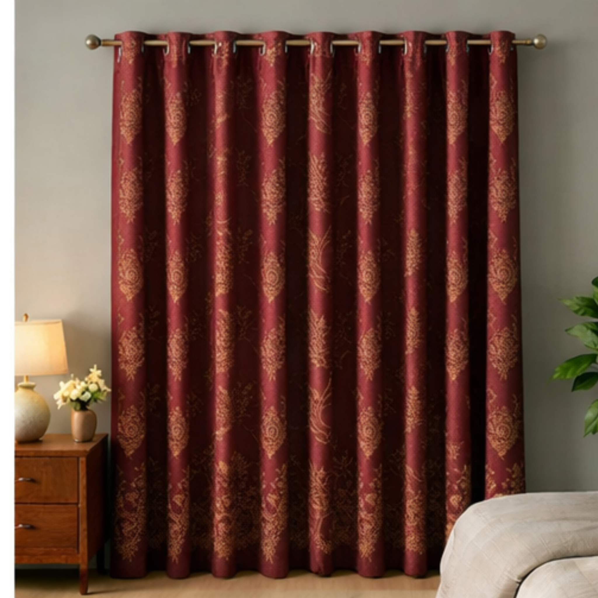 Cotton - Room Darkening Floral Maroon Curtains - Pack of 1 Curtain