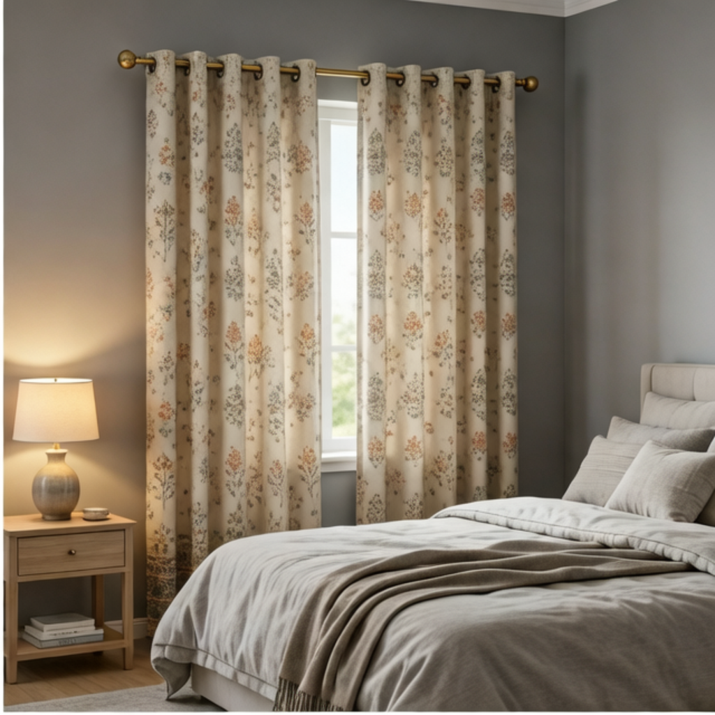 Cotton Heavy - Room Darkening Dusty Floral Bikaneri Print Curtains - Pack of 1
