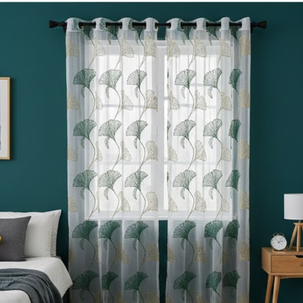 Linen Sheer - Green and beige Floral Print - Pack Of 1 Curtain