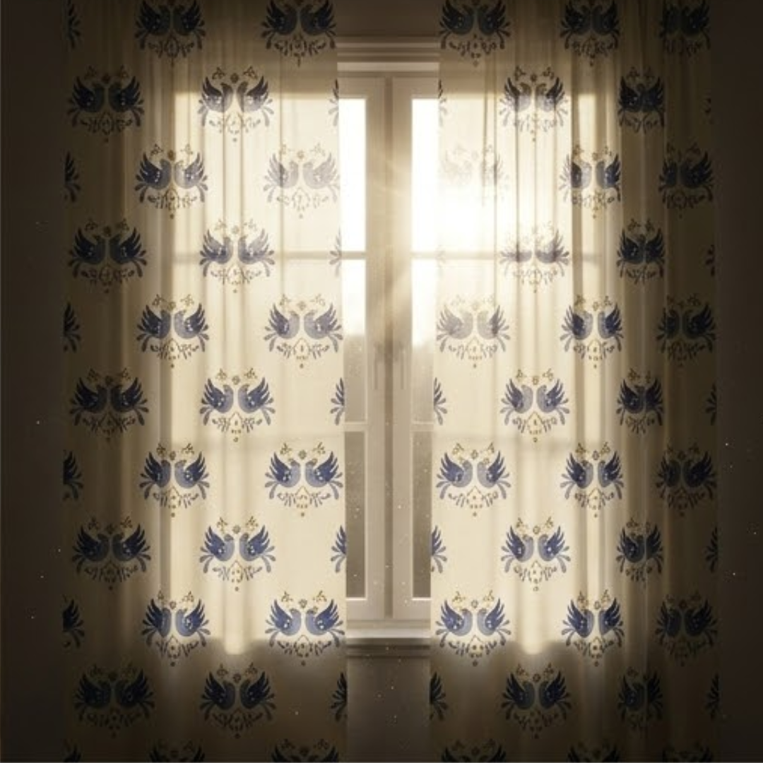 Linen Sheer -  Blue Small birds Print - Pack Of 1 Curtain