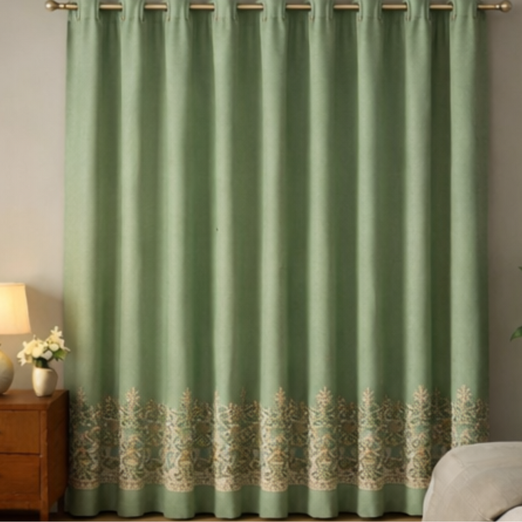 Cotton - Green with Bikaneri Ethnic Cream Print Curtain - Pack of 1 Curtain