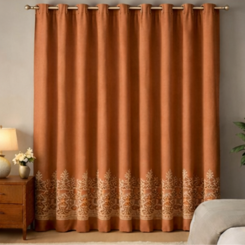 Cotton - Room Darkening Floral Orenge Curtains - Pack of 1 Curtain
