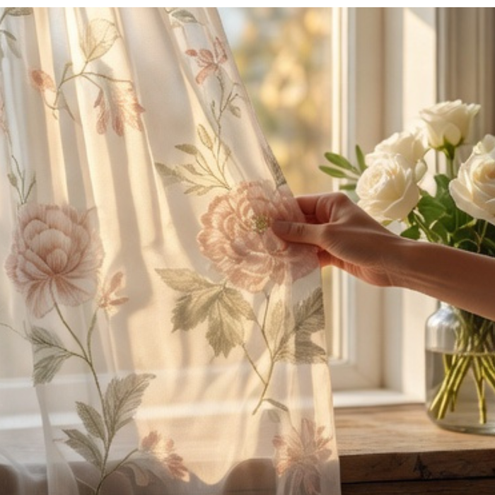 Linen Sheer - Pink Flowers and Green Leaves Print - Pack Of 1 Curtain