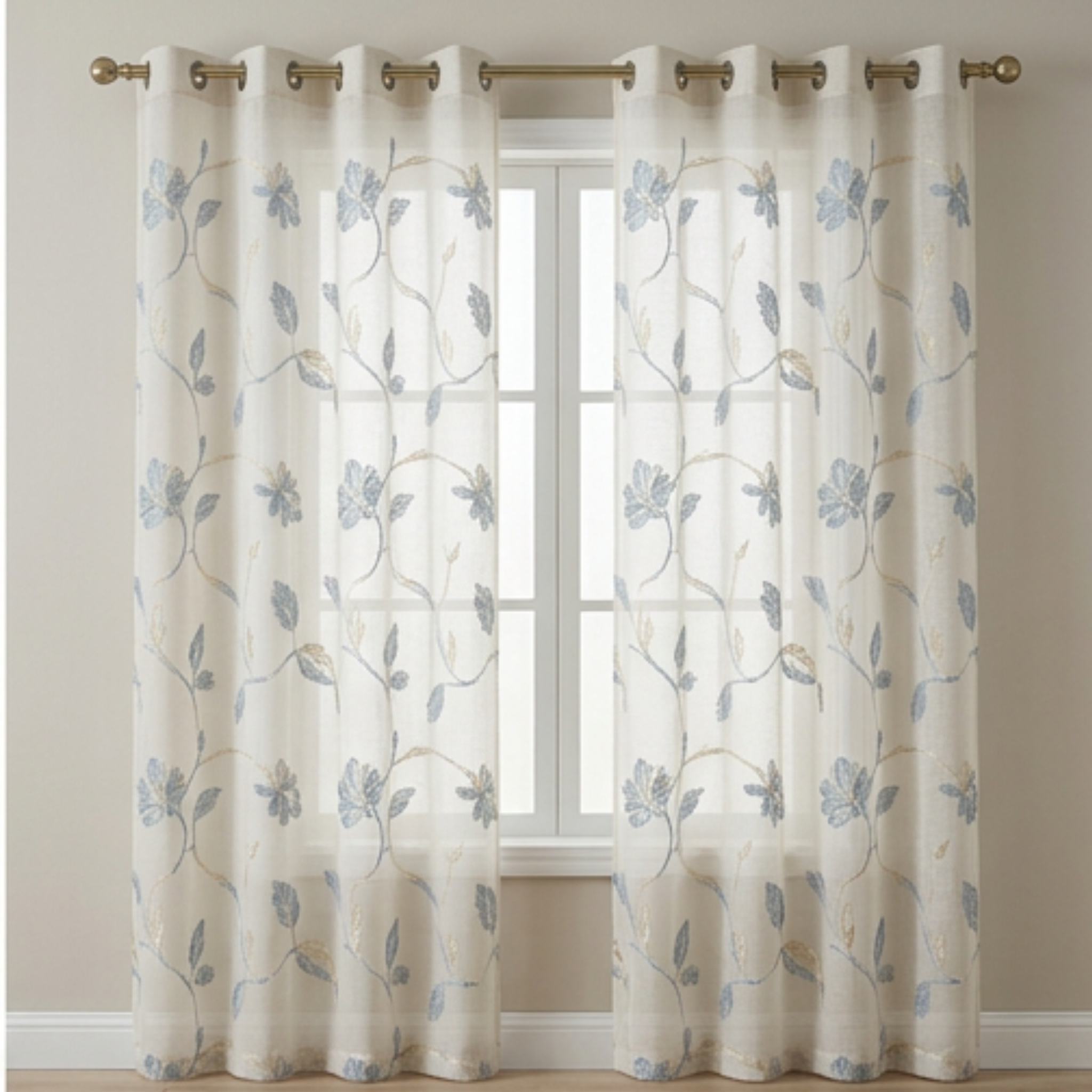Linen Sheer - Blue Flower Print - Pack Of 1 Curtain