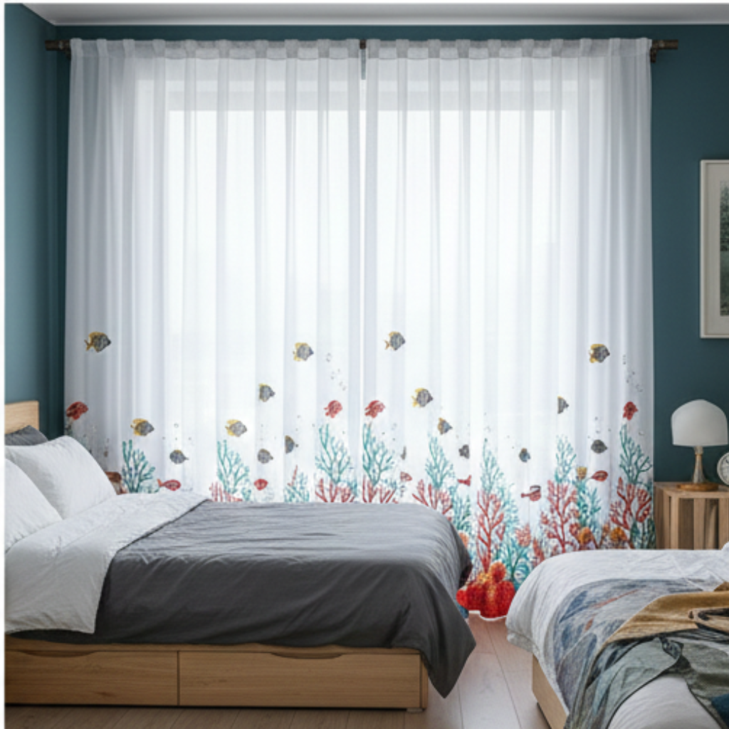 Linen Sheer - Fish & Aqua Print - Pack Of 1 Curtain