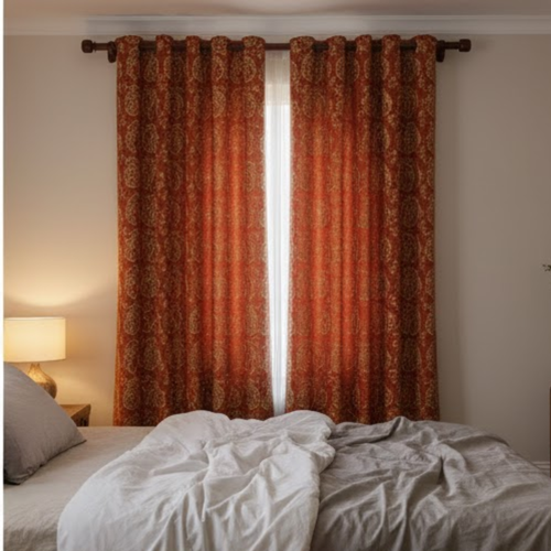 Cotton - Room Darkening Mehndi Desing Orenge Curtains - Pack of 1 Curtain