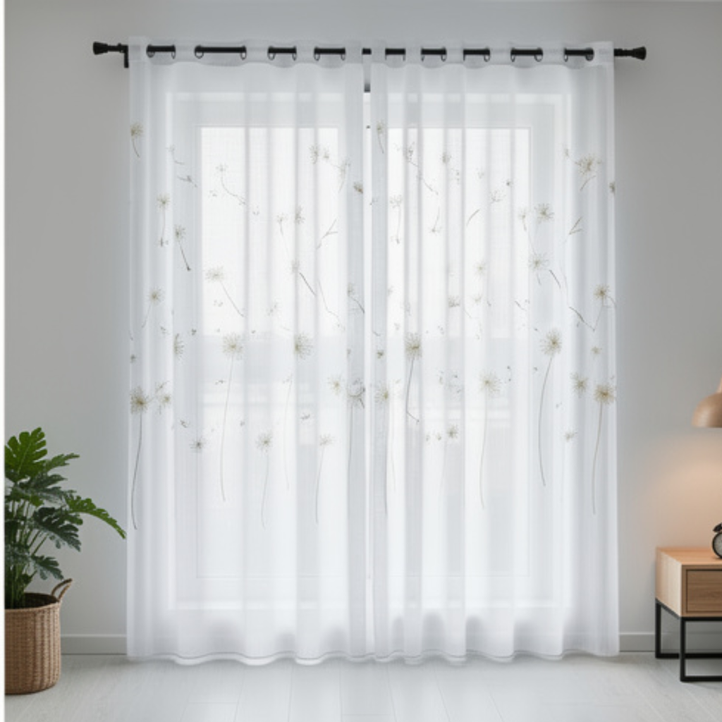 Linen Sheer - Yellow & Grey Dandelion Print - Pack Of 1 Curtain