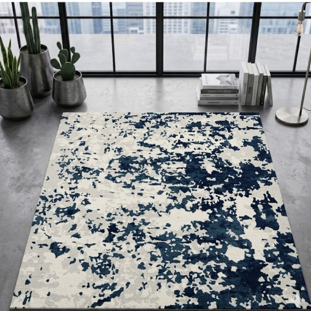 White & Blue Abstract rug design - Square - Premium Wool Carpet