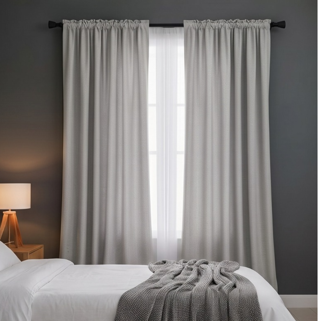 Room darkening curtains with elegant grey fabric for bedrooms