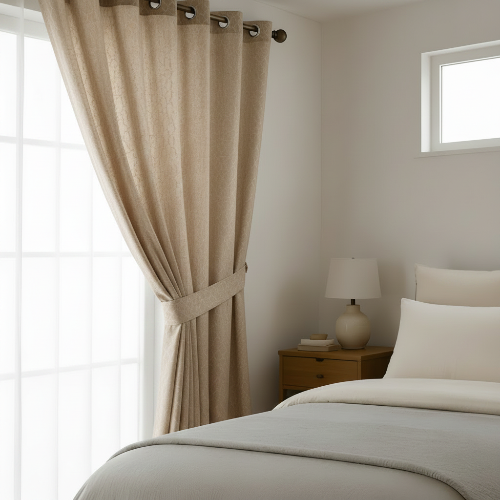 Light brown patterned curtain panels hanging on a rod in a bright bedroom, tied back from a window beside a bed with white bedding and a small wooden nightstand.